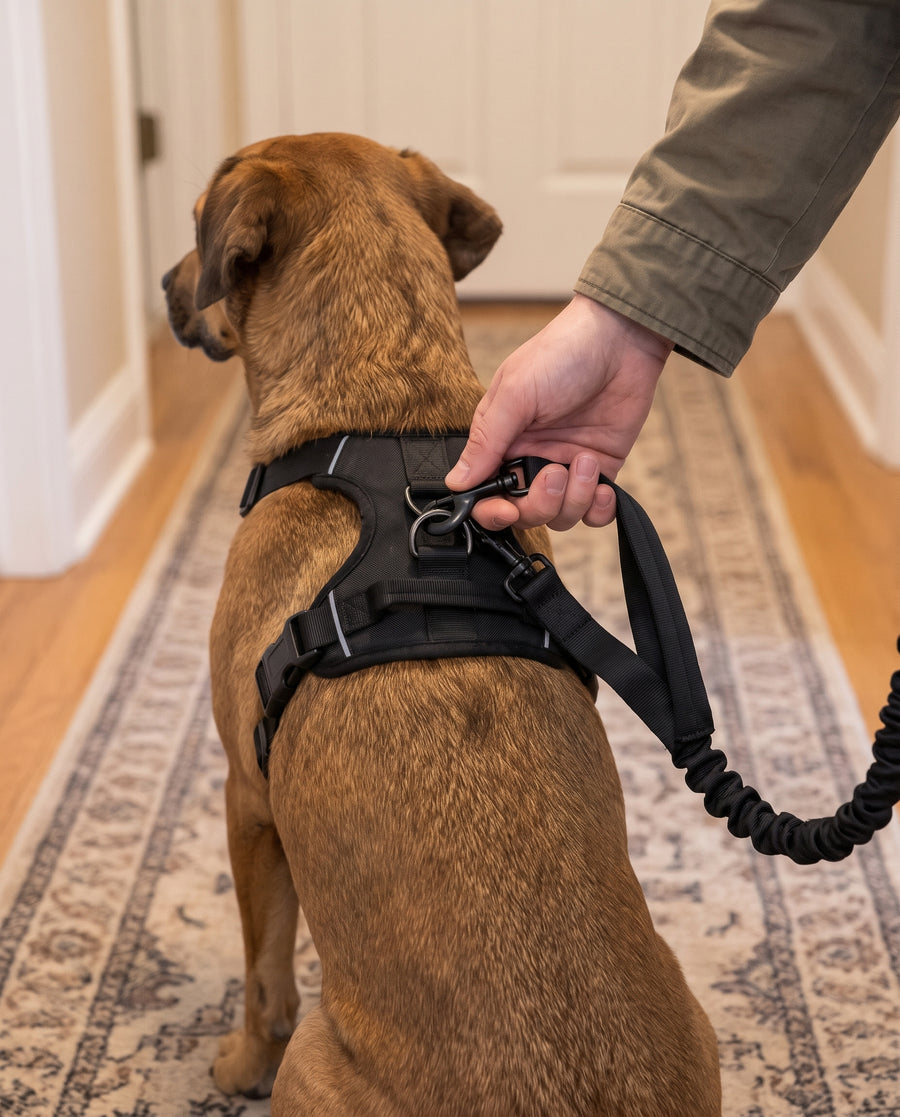 Dämparkopplet hakas fast i selen på en hund som sitter i hallen.