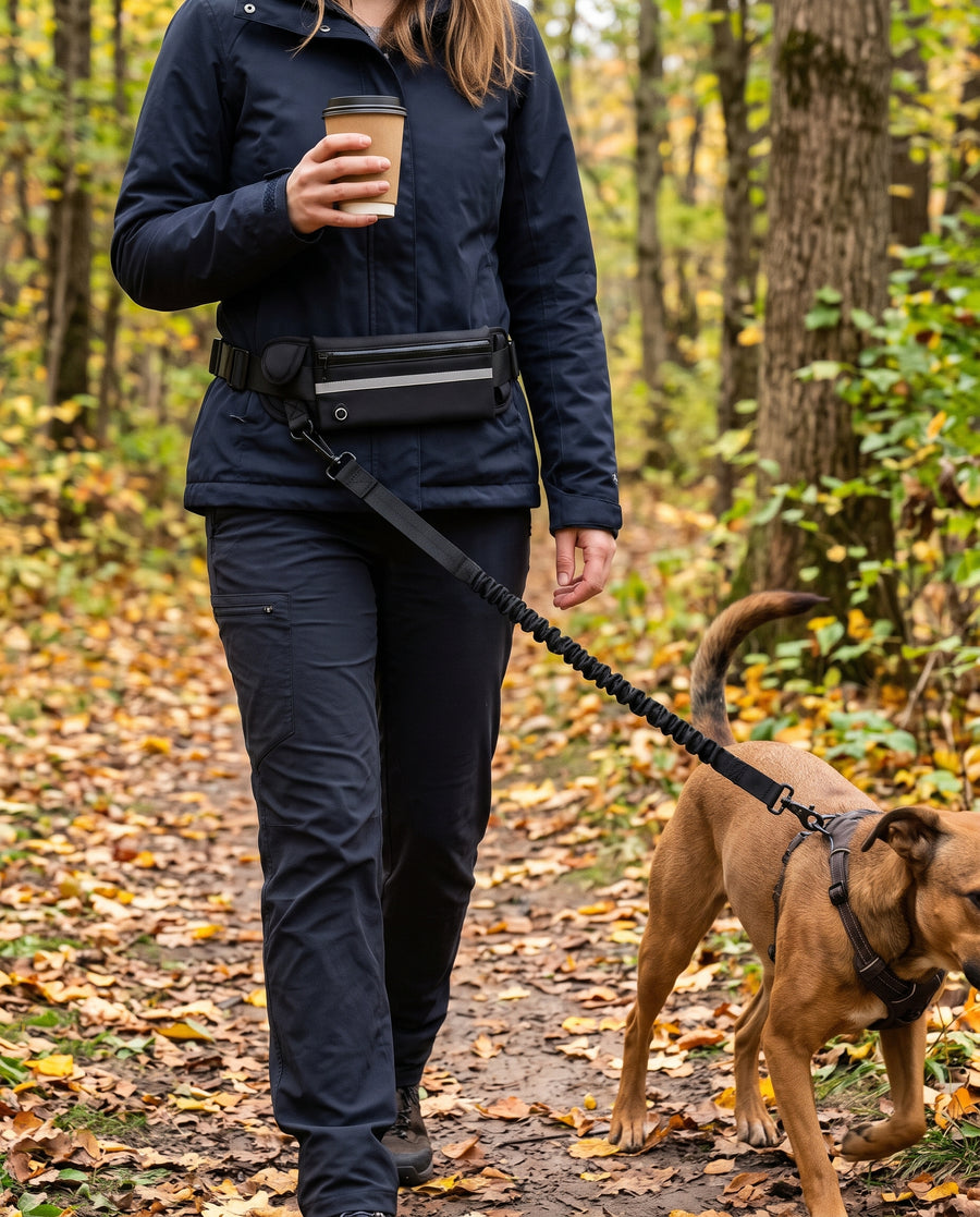 Hunden drar till och dämparkopplet sträcks ut medan personen går lugnt.