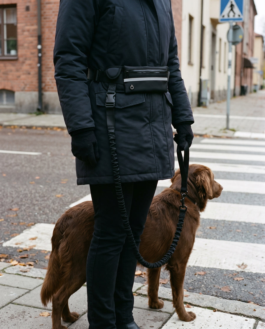 Handen håller det korta handtaget nära hunden vid ett övergångsställe.