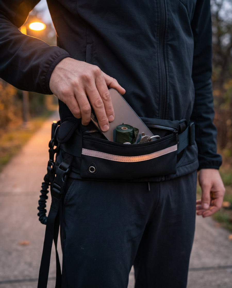 Mobilen stoppas i bältets ficka med reflexremsa.