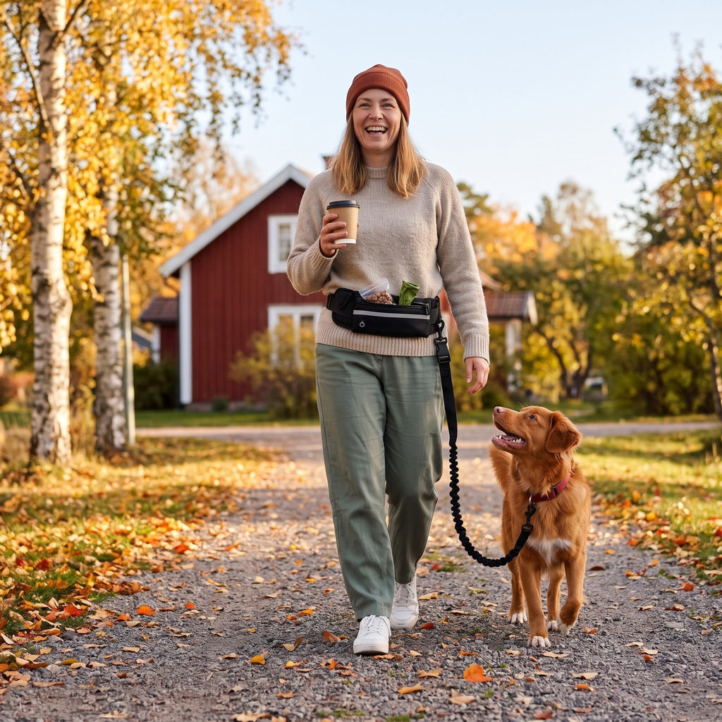 Skrattande kvinna med kaffe på en grusväg bland höstlöv, med svart handsfree-bälte runt midjan och en glad tollare i dämparkopplet; godis och en bajspåse sticker upp ur fickan