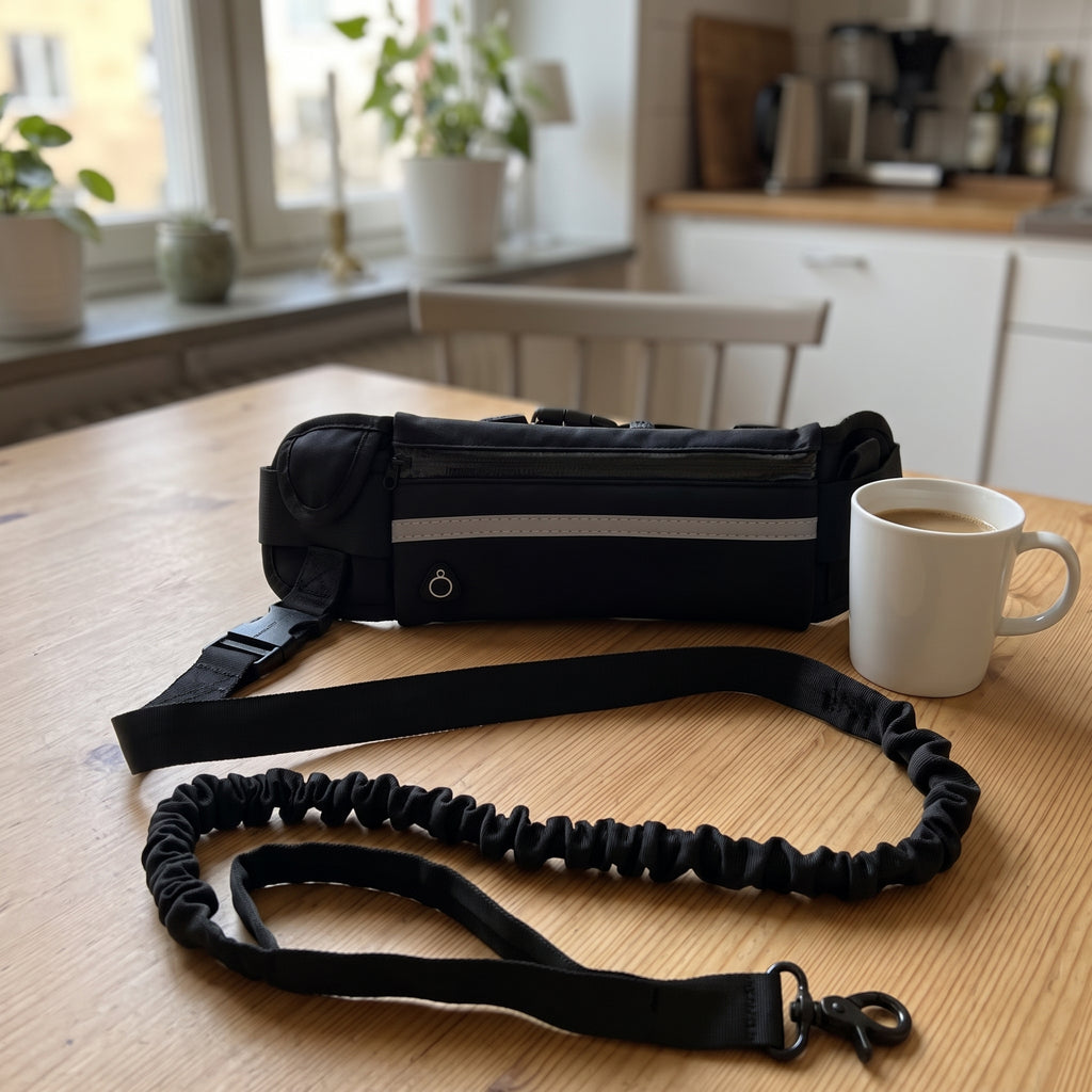 Handsfree-hundbälte i svart bredvid en kaffekopp på ett trävbord, visar ungefärlig storlek