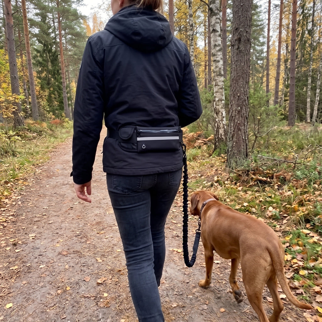 Vardagspromenad i svensk skog med handsfree-hundbälte i svart, lugn hund går i koppel bredvid