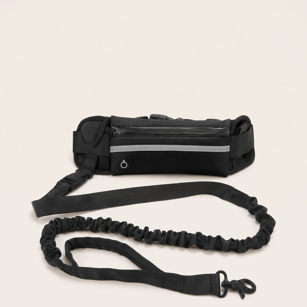 Svart handsfree-hundbälte med ficka, dämparkoppel och reflexband, detaljbild