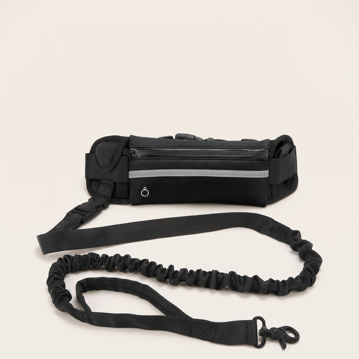 Svart handsfree-hundbälte med ficka, dämparkoppel och reflexband, detaljbild