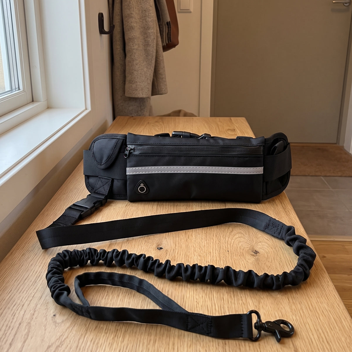 Svart handsfree-hundbälte med spänne och dämparkoppel, liggande på en hallbänk i ett svenskt hem