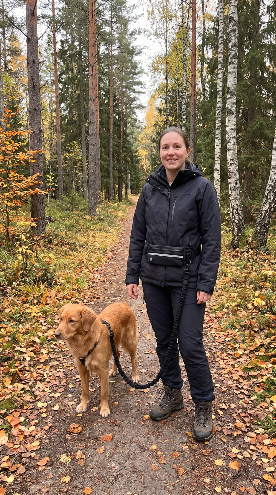 Glad kvinna med handsfree-bältet runt midjan och en tollare i dämparkopplet på en skogsstig.