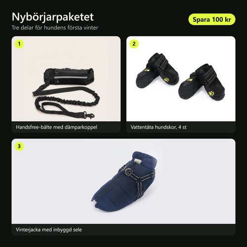 Nybörjarpaketet: handsfree-bälte med dämparkoppel, vattentäta hundskor (4 st) och vinterjacka med inbyggd sele. Spara 100 kr