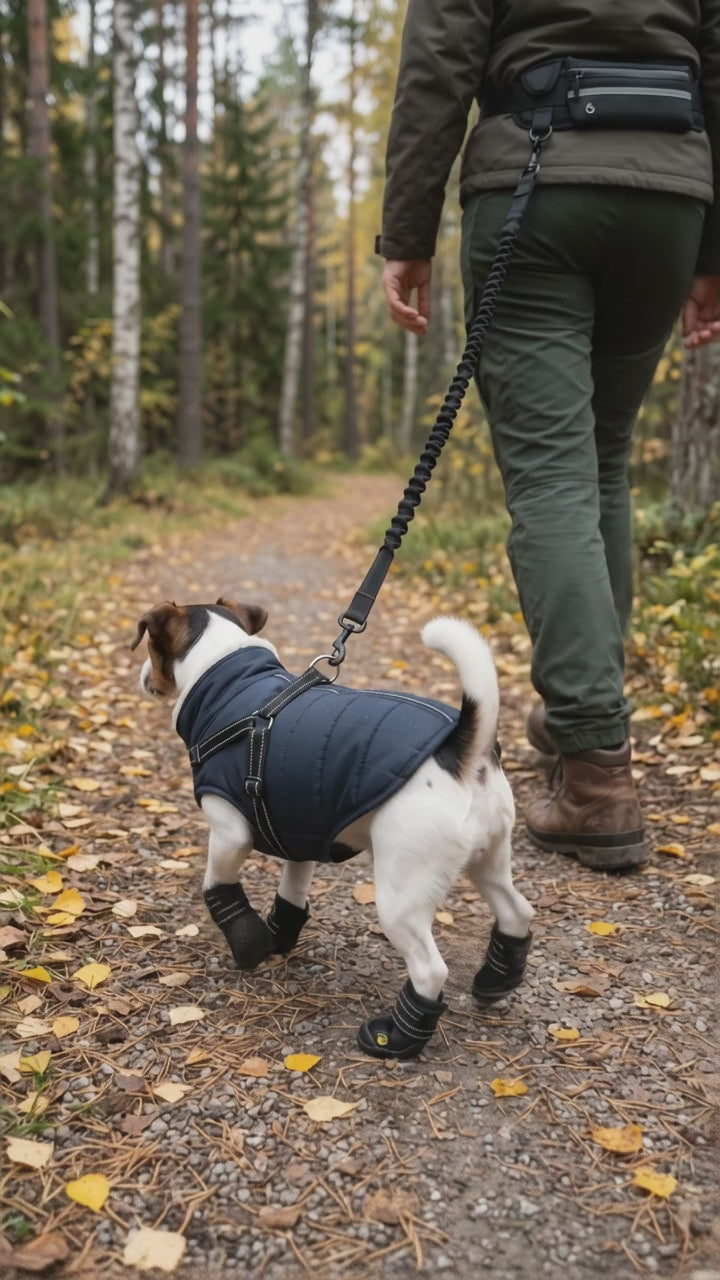 Liten jack russell i marinblå vinterjacka och svarta hundskor går på en skogsstig bredvid sin ägare, med kopplet fäst i ägarens midjebälte