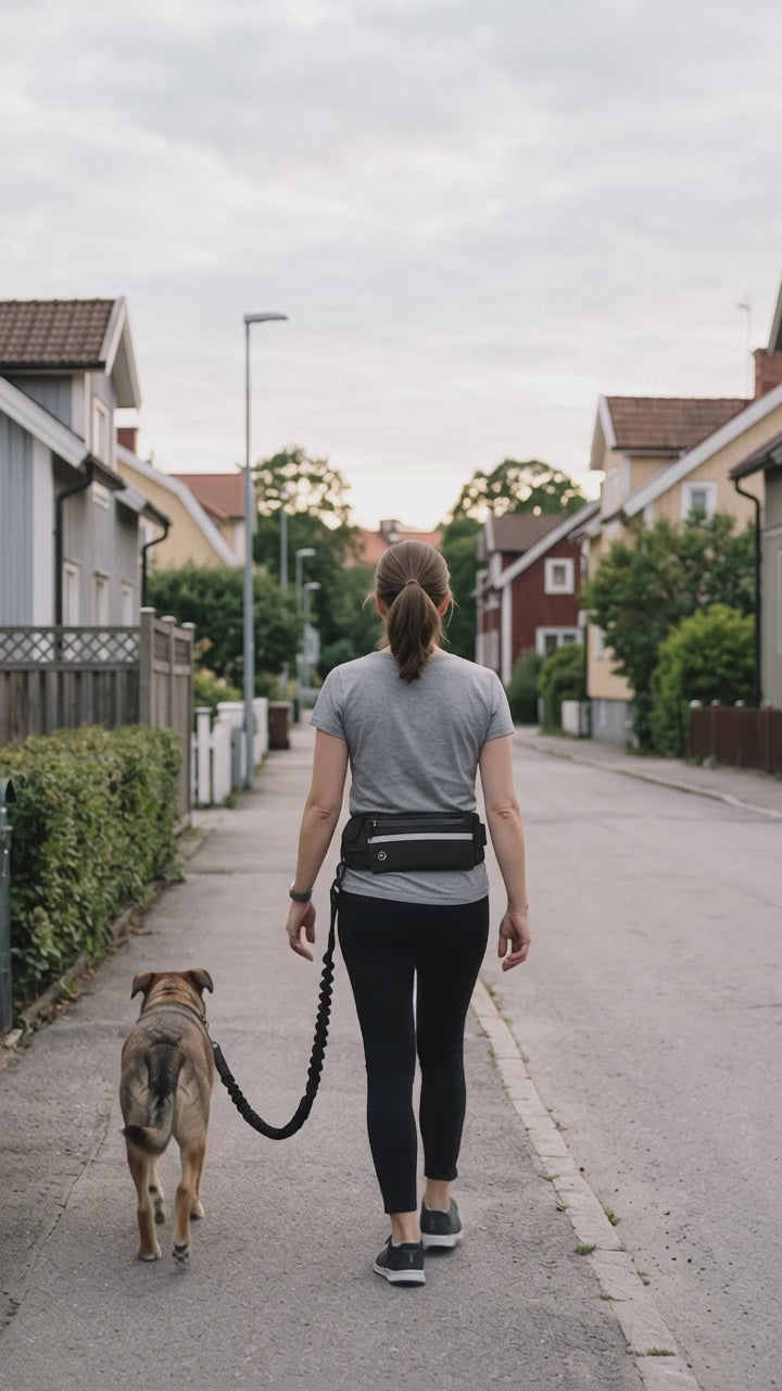 Promenad på en villagata med handsfree-bältet runt midjan, kopplet hänger löst och hunden går lugnt bredvid