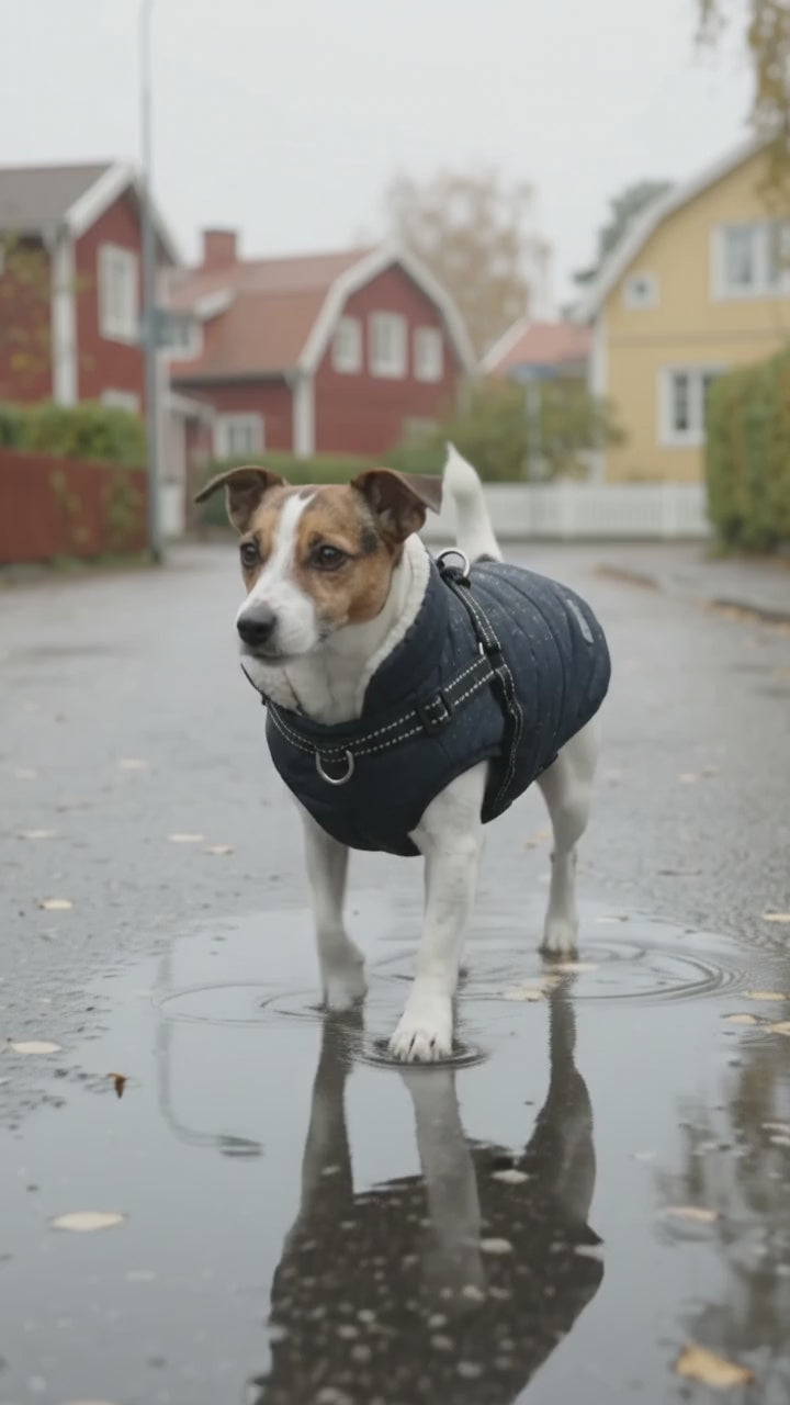 Jack russell i marinblå vinterjacka med inbyggd sele går genom vattenpölar på en regnig villagata och stannar framför kameran
