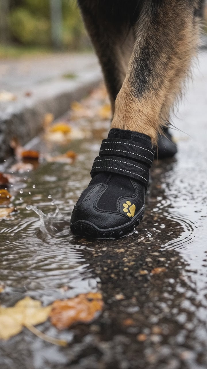 Hundtass i svart vattentät hundsko lyfts ur en vattenpöl och kliver ner igen