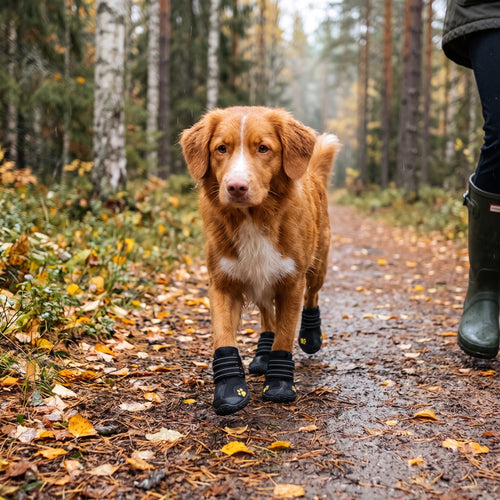 Nova scotia duck tolling retriever i vattentäta svarta hundskor på blöt skogsstig i duggregn