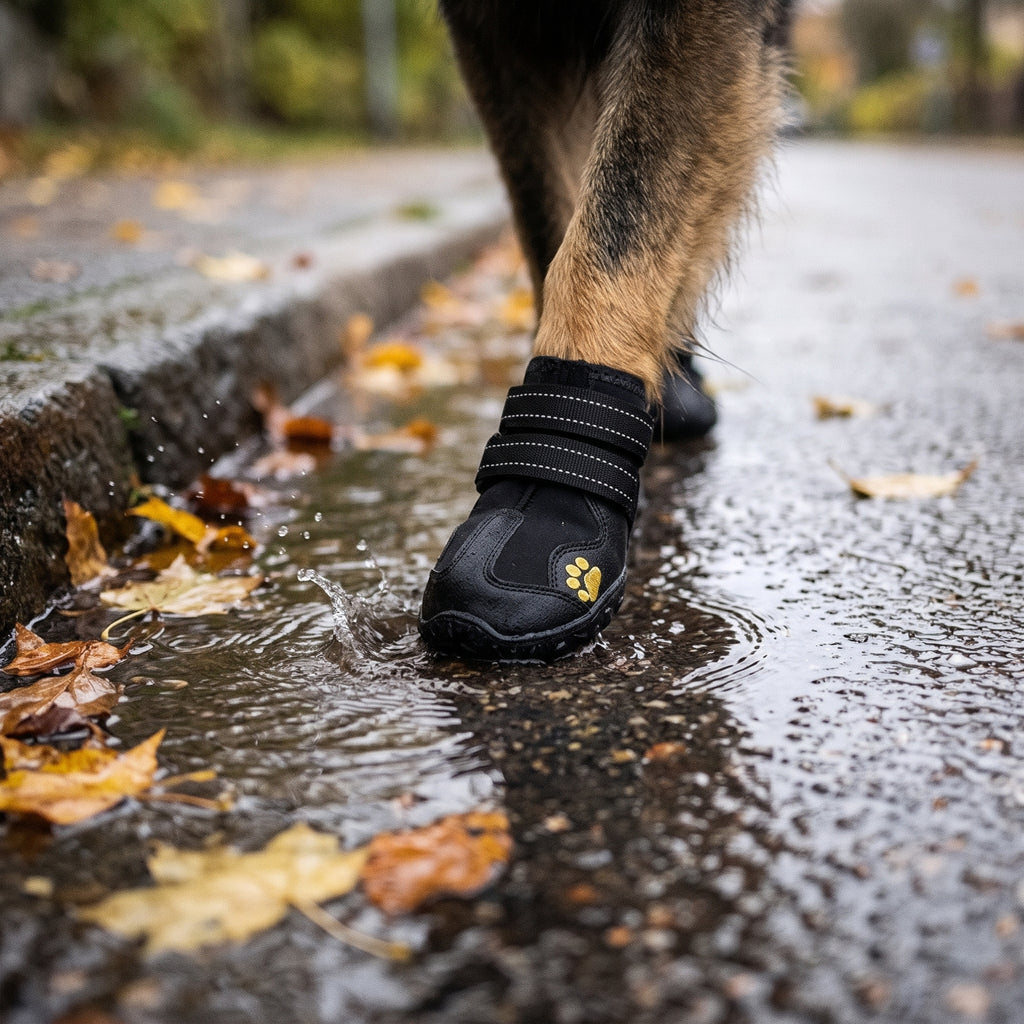 Närbild av hundtass i svart vattentät hundsko som kliver i vattenpöl på blank asfalt