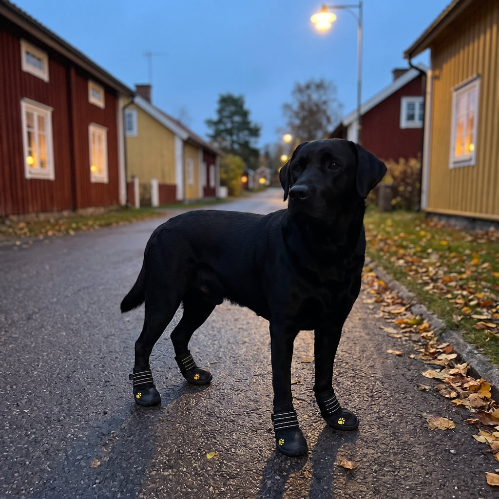 Svart labrador i vattentäta hundskor med reflexremmar på kvällspromenad under gatlampa