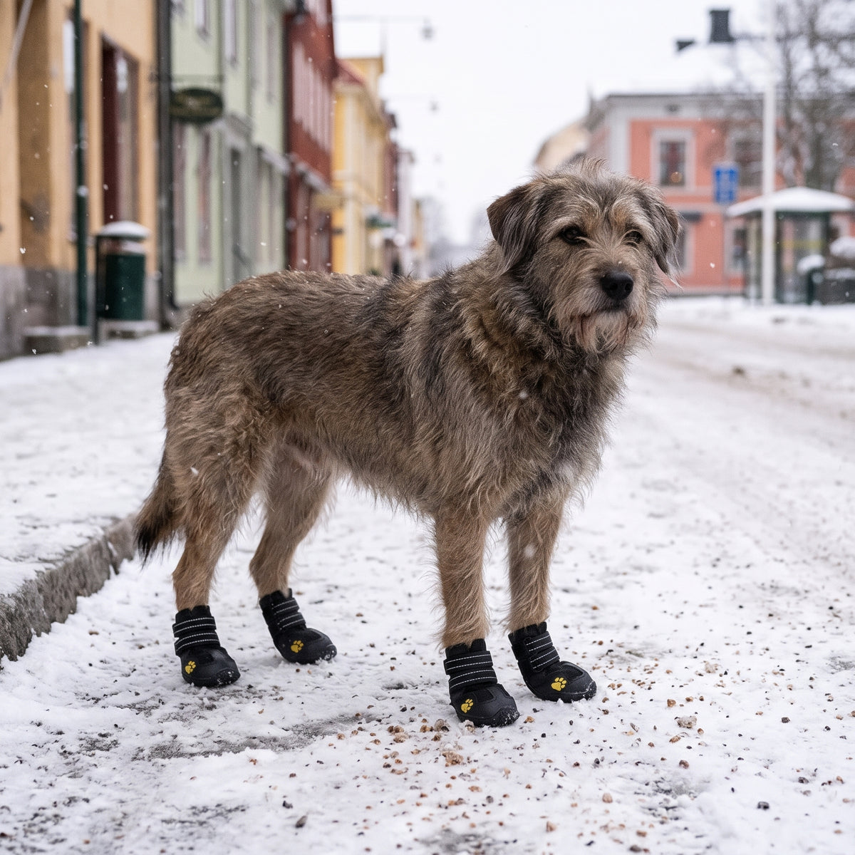 Blandras i vattentäta svarta hundskor står på snöig, saltad trottoar i snöfall