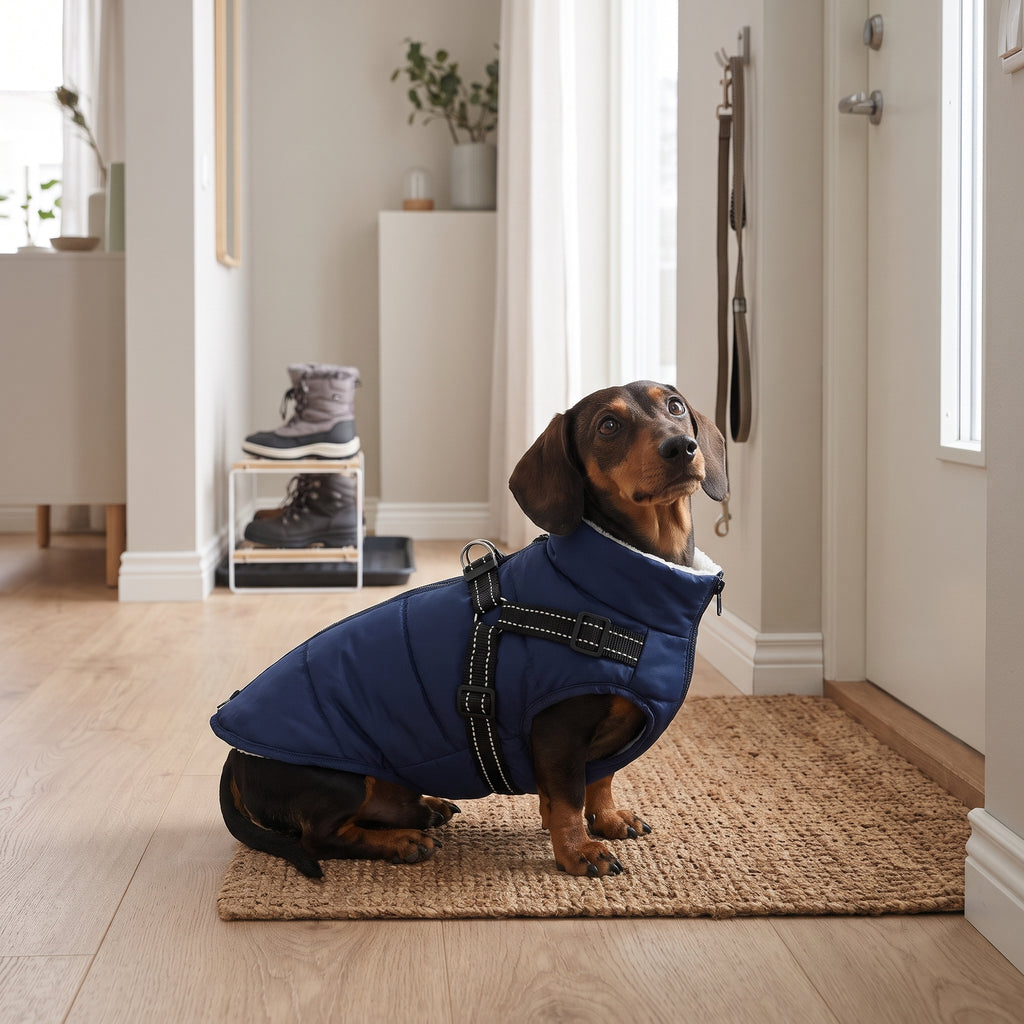 Marinblå – liten hund i vinterjacka med sele som väntar i hallen före promenaden