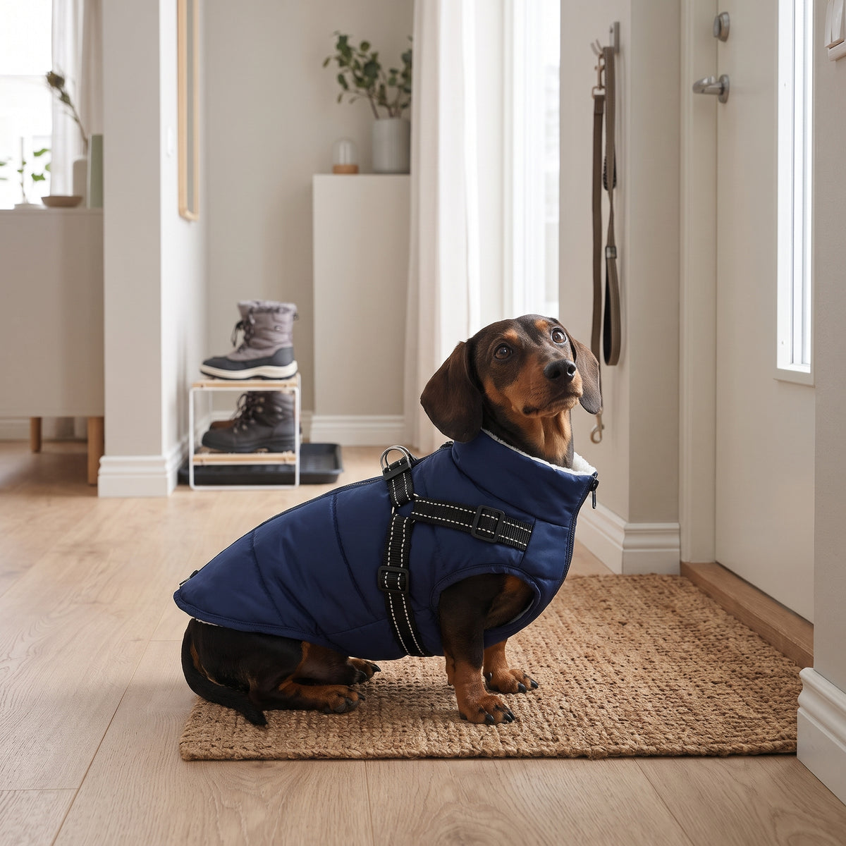 Marinblå – liten hund i vinterjacka med sele som väntar i hallen före promenaden