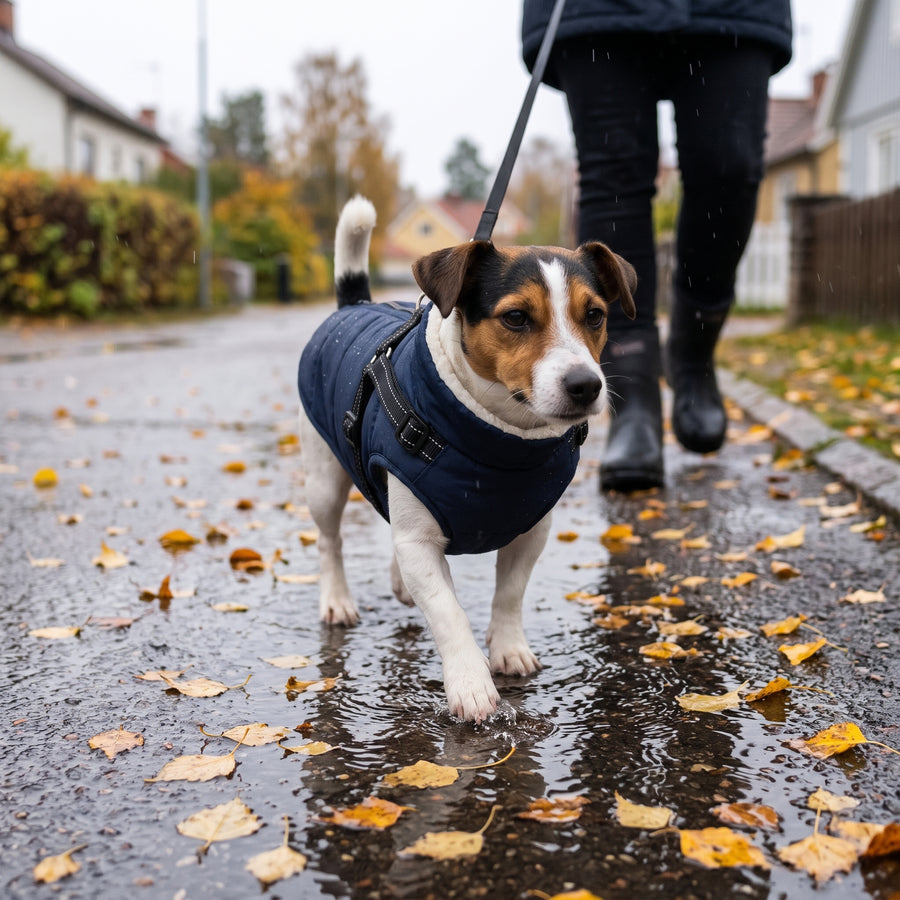 Marinblå – jack russell i vinterjacka med inbyggd sele går genom en vattenpöl på blöt asfalt med höstlöv i duggregn, kopplet i ryggringen