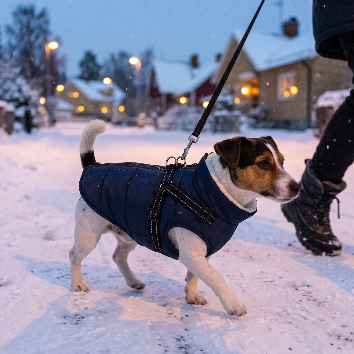 Marinblå – jack russell i vinterjacka med sele på en snöig villagata i blå timmen, kopplet fäst i ryggringen